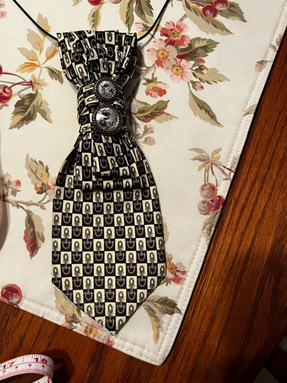 Black & Cream Patterned Necktie necklace with Decorative Accents